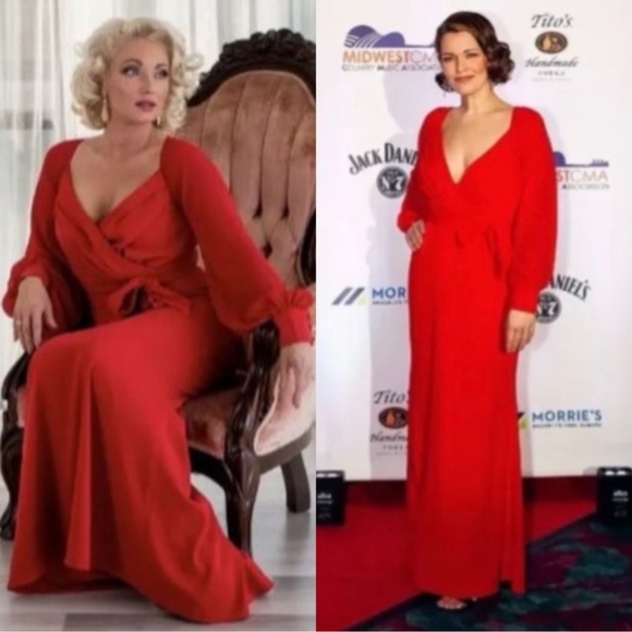 Badgley Mischka Red V Neck Gown Maxi Dress in Size 14 - Picture 5 of 12